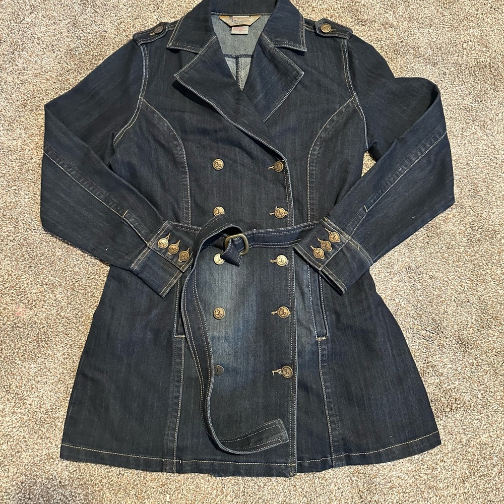 JouJou Premium Denim Blue Jean Double Breasted Trench Coat Womens Medium Y2K